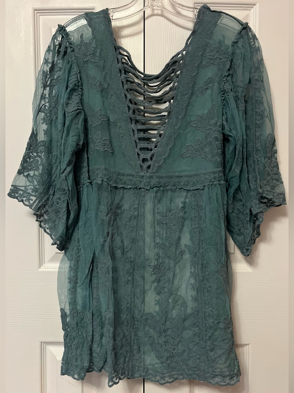 Lace V-Back Teal Boho Coverup